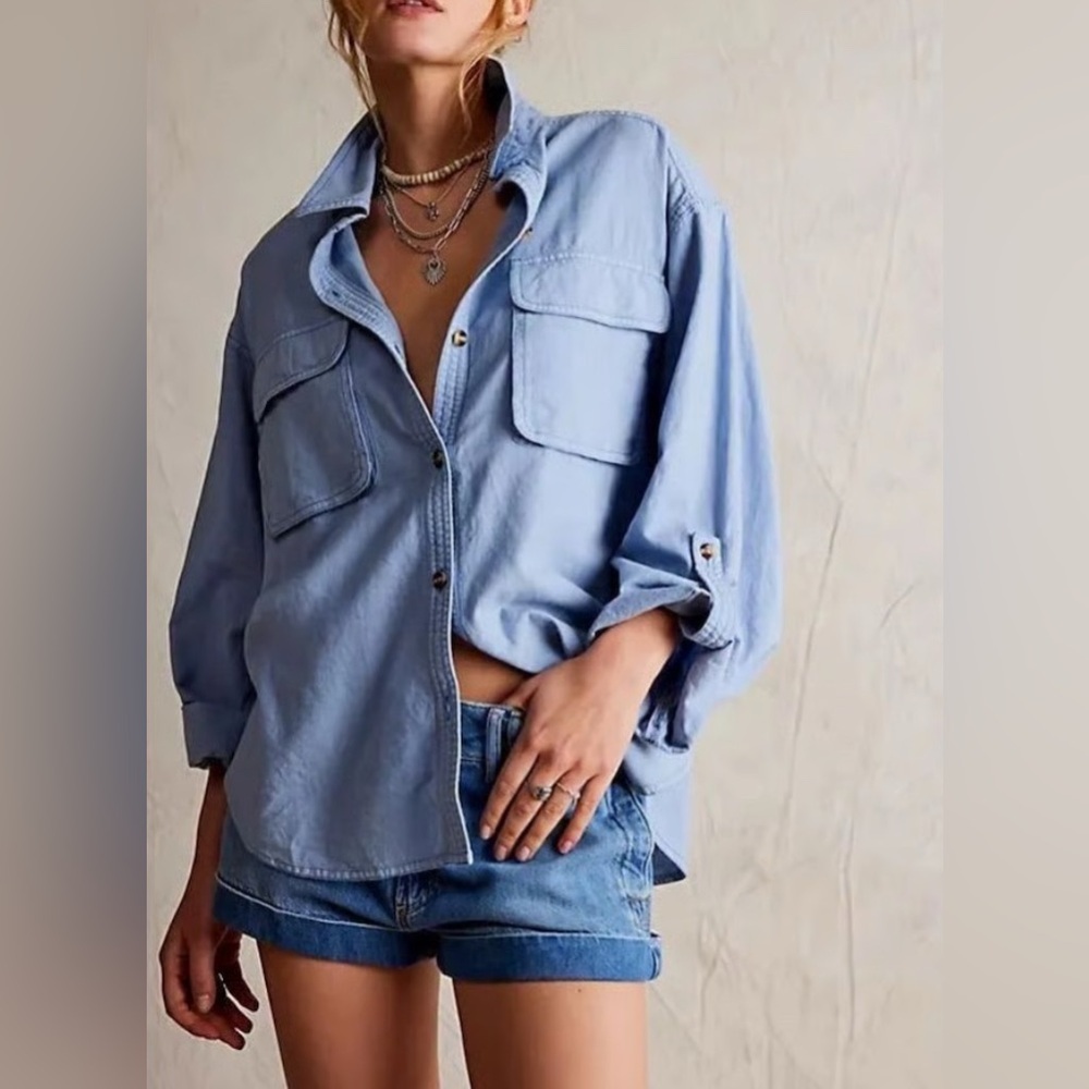 We The Free Light Blue Button-Down Utility Shirt